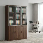 Wooden 3-door office cabinet featuring a rich dark walnut wood-grain finish, upper section with three framed glass-front display doors framed in silver, lower section with three lockable solid wooden doors featuring vertical handles, and spacious multi-tier internal shelving.