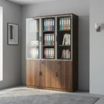 Wooden 3-door office cabinet featuring a rich dark walnut wood-grain finish, upper section with three framed glass-front display doors framed in silver, lower section with three lockable solid wooden doors featuring vertical handles, and spacious multi-tier internal shelving.