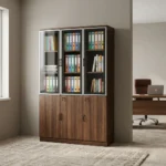 Wooden 3-door office cabinet featuring a rich dark walnut wood-grain finish, upper section with three framed glass-front display doors framed in silver, lower section with three lockable solid wooden doors featuring vertical handles, and spacious multi-tier internal shelving.