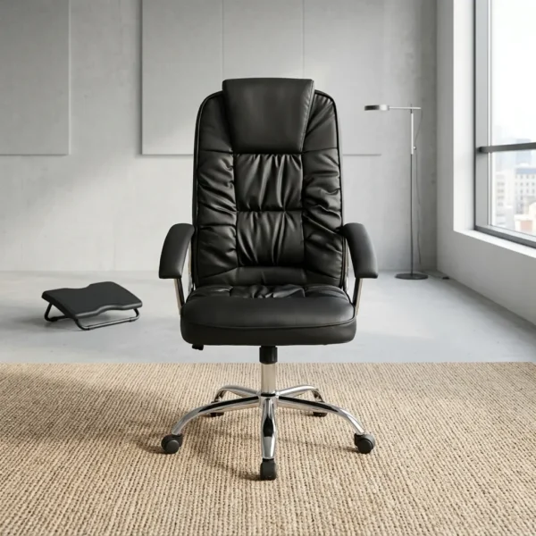 Executive leather office seat featuring premium black leather upholstery with plush tufted segment cushioning, an integrated padded headrest, padded curved armrests, pneumatic height adjustment, tilt lock control, and a heavy-duty polished chrome five-star base with smooth-rolling casters.