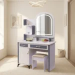 Modern white dressing table featuring a two-tone white and charcoal gray finish, an arched vanity mirror with an integrated touch-sensor LED light rim, open side display shelves, two storage drawers, a lower single-door cabinet, and a matching padded vanity stool.
