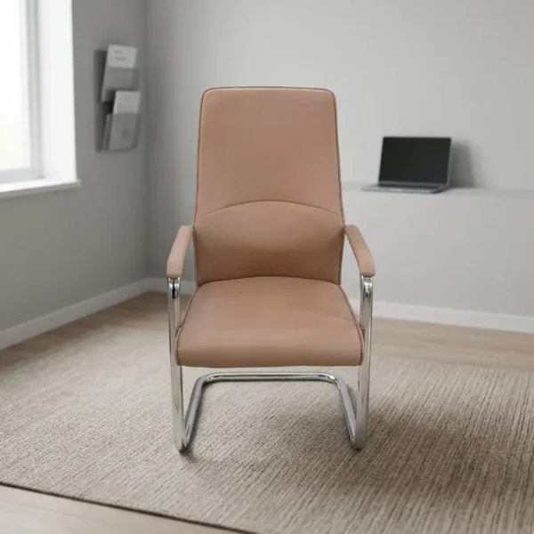 Brown executive waiting chair featuring smooth tan-brown leather upholstery with a high backrest, subtle lumbar stitching details, matching padded armrests on chrome frames, and a sleek cantilever chrome sled base.