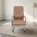 Brown executive waiting chair featuring smooth tan-brown leather upholstery with a high backrest, subtle lumbar stitching details, matching padded armrests on chrome frames, and a sleek cantilever chrome sled base.