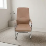 Brown executive waiting chair featuring smooth tan-brown leather upholstery with a high backrest, subtle lumbar stitching details, matching padded armrests on chrome frames, and a sleek cantilever chrome sled base.