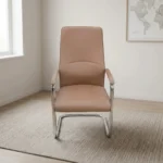 Brown executive waiting chair featuring smooth tan-brown leather upholstery with a high backrest, subtle lumbar stitching details, matching padded armrests on chrome frames, and a sleek cantilever chrome sled base.