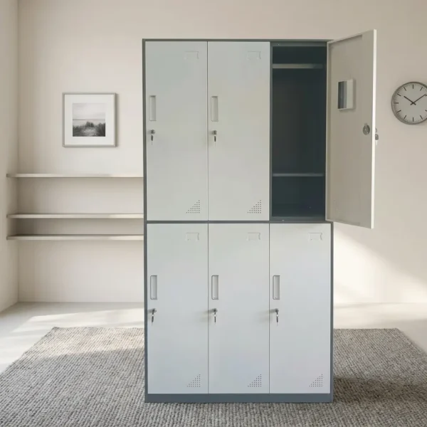 6-locker steel filing cabinet featuring a two-tier layout with light gray doors set in a dark gray metallic frame, individually lockable compartment doors equipped with recessed handles, key locks, card/label holders, ventilation louvers, and interior storage shelving with a hanging rod.