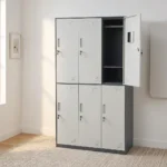 6-locker steel filing cabinet featuring a two-tier layout with light gray doors set in a dark gray metallic frame, individually lockable compartment doors equipped with recessed handles, key locks, card/label holders, ventilation louvers, and interior storage shelving with a hanging rod.