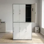6-locker steel filing cabinet featuring a two-tier layout with light gray doors set in a dark gray metallic frame, individually lockable compartment doors equipped with recessed handles, key locks, card/label holders, ventilation louvers, and interior storage shelving with a hanging rod.