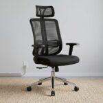High back ergonomic staff chair featuring a breathable black mesh backrest with an adjustable contoured headrest, integrated lumbar support band, a cushioned black fabric seat, height-adjustable T-armrests, pneumatic seat height adjustment, and a polished chrome five-star base with dual-wheel casters.