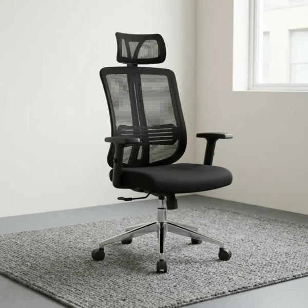 High back ergonomic staff chair featuring a breathable black mesh backrest with an adjustable contoured headrest, integrated lumbar support band, a cushioned black fabric seat, height-adjustable T-armrests, pneumatic seat height adjustment, and a polished chrome five-star base with dual-wheel casters.