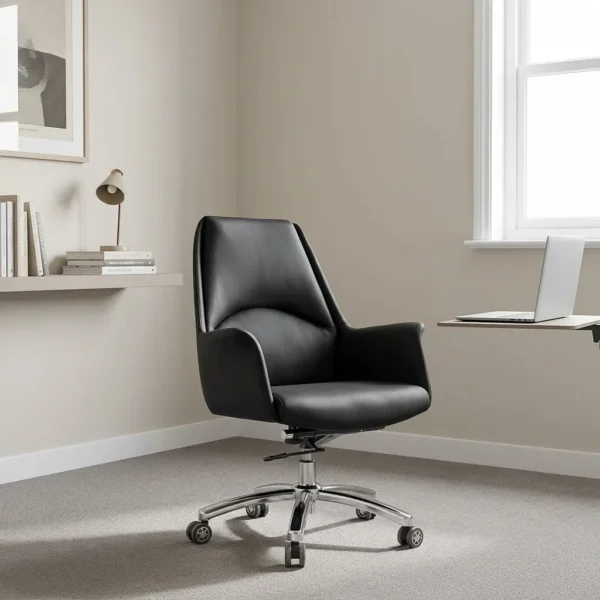 Low back leather executive office chair featuring smooth black leather upholstery, fully integrated flared armrests, a contoured mid/low backrest with subtle lumbar cushioning, pneumatic seat height adjustment, and a polished chrome five-star base on hooded dual-wheel casters.