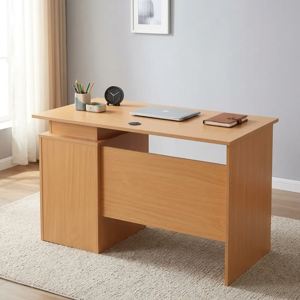 1.2m wooden office table featuring a light oak wood finish, a rectangular desktop with a circular wire management grommet, a half-height modesty panel, and an integrated side pedestal with three lockable drawers with metal bar handles. 1.2m wooden office table featuring a light oak wood finish, a rectangular desktop with a circular wire management grommet, a half-height modesty panel, and an integrated side pedestal with three lockable drawers with metal bar handles.