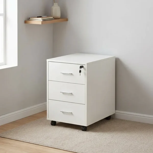 3-drawer mobile pedestal featuring a clean white finish, three stacked storage drawers with slim silver metal pull handles, a central key locking mechanism on the top drawer, and four smooth-rolling black caster wheels for easy mobility.