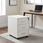 3-drawer mobile pedestal featuring a clean white finish, three stacked storage drawers with slim silver metal pull handles, a central key locking mechanism on the top drawer, and four smooth-rolling black caster wheels for easy mobility.