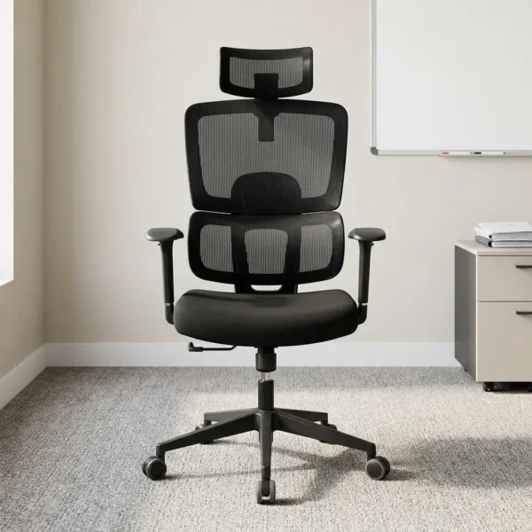 High-back orthopedic office seat featuring an all-black ergonomic design with a split mesh backrest, an adjustable mesh headrest, integrated dynamic lumbar support, a padded fabric seat cushion, height-adjustable T-armrests, pneumatic height adjustment lever, and a durable black five-star base on smooth-rolling casters.