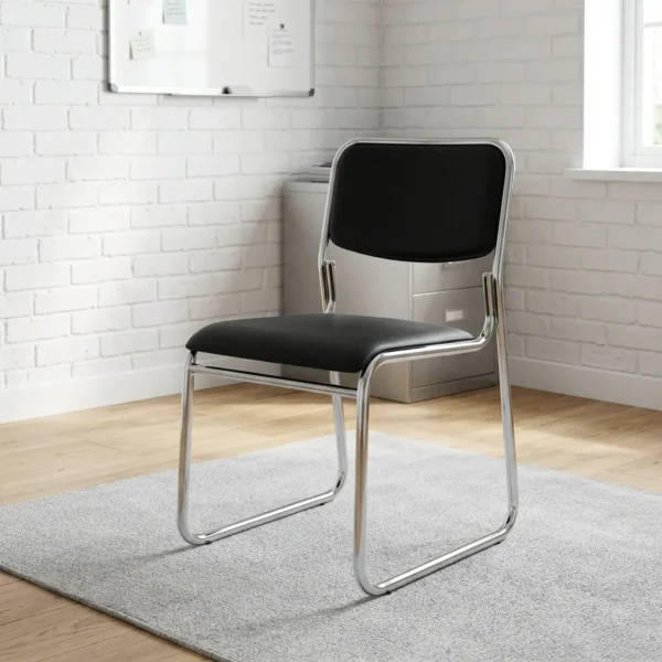 Chrome office visitor's seat featuring a sleek armless design, smooth black faux leather upholstered backrest and seat cushion, and a sturdy tubular chrome cantilever sled base.