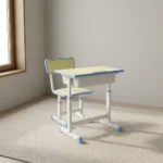 Adjustable kids study set featuring a pastel blue and light yellow ergonomic desk and chair, height-adjustable white metal frames, an integrated under-desk storage drawer, a side bag hook, and rounded safety edges on both the table and seat.