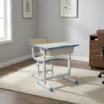 Adjustable kids study set featuring a pastel blue and light yellow ergonomic desk and chair, height-adjustable white metal frames, an integrated under-desk storage drawer, a side bag hook, and rounded safety edges on both the table and seat.
