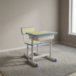 Adjustable kids study set featuring a pastel blue and light yellow ergonomic desk and chair, height-adjustable white metal frames, an integrated under-desk storage drawer, a side bag hook, and rounded safety edges on both the table and seat.
