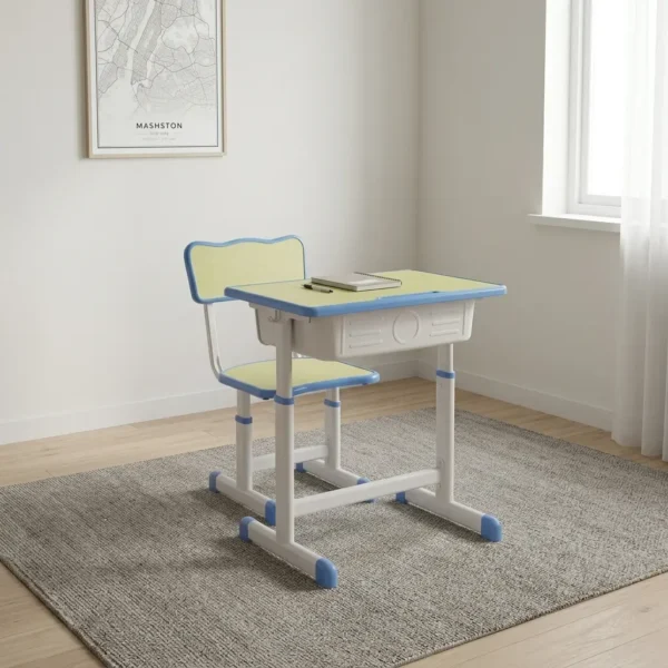 Adjustable kids study set featuring a pastel blue and light yellow ergonomic desk and chair, height-adjustable white metal frames, an integrated under-desk storage drawer, a side bag hook, and rounded safety edges on both the table and seat.