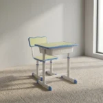 Adjustable kids study set featuring a pastel blue and light yellow ergonomic desk and chair, height-adjustable white metal frames, an integrated under-desk storage drawer, a side bag hook, and rounded safety edges on both the table and seat.