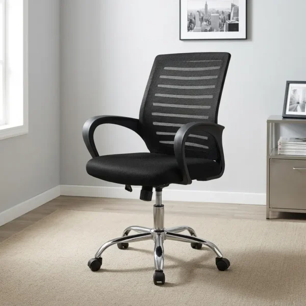 Ergonomic strong mesh office chair featuring a breathable black mesh backrest with horizontal ventilation stripes, a thickly padded black fabric seat cushion, curved fixed loop armrests, a pneumatic height adjustment lever, tilt tension control, and a sturdy polished chrome five-star base on smooth-rolling casters.