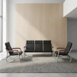 5-seater reception waiting sofa set featuring a 3-seater bench and two matching single-seater armchairs, constructed with durable silver metal tubular frames, black grid-tufted faux leather seats and backrests, and contrasting reddish-brown padded armrests.