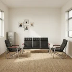 5-seater reception waiting sofa set featuring a 3-seater bench and two matching single-seater armchairs, constructed with durable silver metal tubular frames, black grid-tufted faux leather seats and backrests, and contrasting reddish-brown padded armrests.