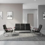 5-seater reception waiting sofa set featuring a 3-seater bench and two matching single-seater armchairs, constructed with durable silver metal tubular frames, black grid-tufted faux leather seats and backrests, and contrasting reddish-brown padded armrests.