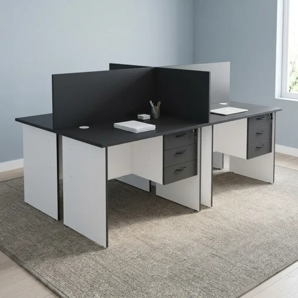 Modern 4-way workstation featuring a two-tone charcoal gray and white design, dark gray desktops with tall central privacy screen dividers, white leg panel supports, integrated cable management grommets, and four individual 3-drawer lockable storage pedestals with black curved handles.