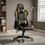 Adjustable yellow gaming chair featuring a black and gold racing-style leatherette design, an ergonomic high-back bucket seat with chevron stitching, removable headrest and lumbar support pillows, adjustable T-armrests, reclining backrest lever, pneumatic height adjustment, and a sturdy black five-star swivel base with gold accent detailing on dual-wheel casters.