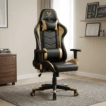 Adjustable yellow gaming chair featuring a black and gold racing-style leatherette design, an ergonomic high-back bucket seat with chevron stitching, removable headrest and lumbar support pillows, adjustable T-armrests, reclining backrest lever, pneumatic height adjustment, and a sturdy black five-star swivel base with gold accent detailing on dual-wheel casters.