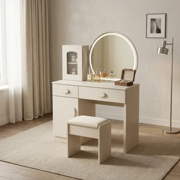 Modern dressing table with LED light featuring an off-white/cream finish, a large round mirror with an integrated illuminated LED ring light border, a desktop organizer cabinet with a fluted glass door, two drawers, a lower side cabinet, smooth oval handles, and a matching cushioned vanity stool.