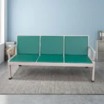 Green 3-seater waiting bench featuring padded emerald green leatherette seat and backrest cushions, a durable light grey rectangular metal frame, integrated side armrests, and sturdy legs with black protective floor caps.