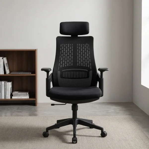 Ergonomic high-back office seat featuring a breathable black mesh backrest with a geometric ventilated pattern and built-in lumbar support, an adjustable wide headrest, a thick cushioned black seat, adjustable T-shaped armrests, a pneumatic height adjustment lever, and a durable black five-star swivel base with dual-wheel casters.