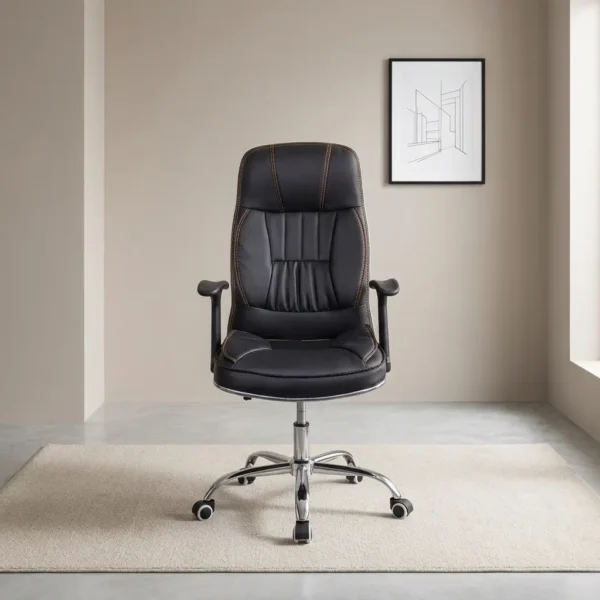 Black leather orthopedic office chair featuring high-back ergonomic support with contoured leatherette paneling and contrast amber stitching, a plush contoured seat, adjustable T-shaped armrests, a pneumatic height adjustment mechanism, and a polished chrome five-star swivel base on smooth dual-wheel casters.