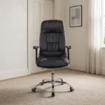 Black leather orthopedic office chair featuring high-back ergonomic support with contoured leatherette paneling and contrast amber stitching, a plush contoured seat, adjustable T-shaped armrests, a pneumatic height adjustment mechanism, and a polished chrome five-star swivel base on smooth dual-wheel casters.