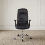 Black leather orthopedic office chair featuring high-back ergonomic support with contoured leatherette paneling and contrast amber stitching, a plush contoured seat, adjustable T-shaped armrests, a pneumatic height adjustment mechanism, and a polished chrome five-star swivel base on smooth dual-wheel casters.