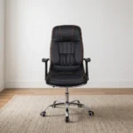 Black leather orthopedic office chair featuring high-back ergonomic support with contoured leatherette paneling and contrast amber stitching, a plush contoured seat, adjustable T-shaped armrests, a pneumatic height adjustment mechanism, and a polished chrome five-star swivel base on smooth dual-wheel casters.