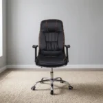 Black leather orthopedic office chair featuring high-back ergonomic support with contoured leatherette paneling and contrast amber stitching, a plush contoured seat, adjustable T-shaped armrests, a pneumatic height adjustment mechanism, and a polished chrome five-star swivel base on smooth dual-wheel casters.