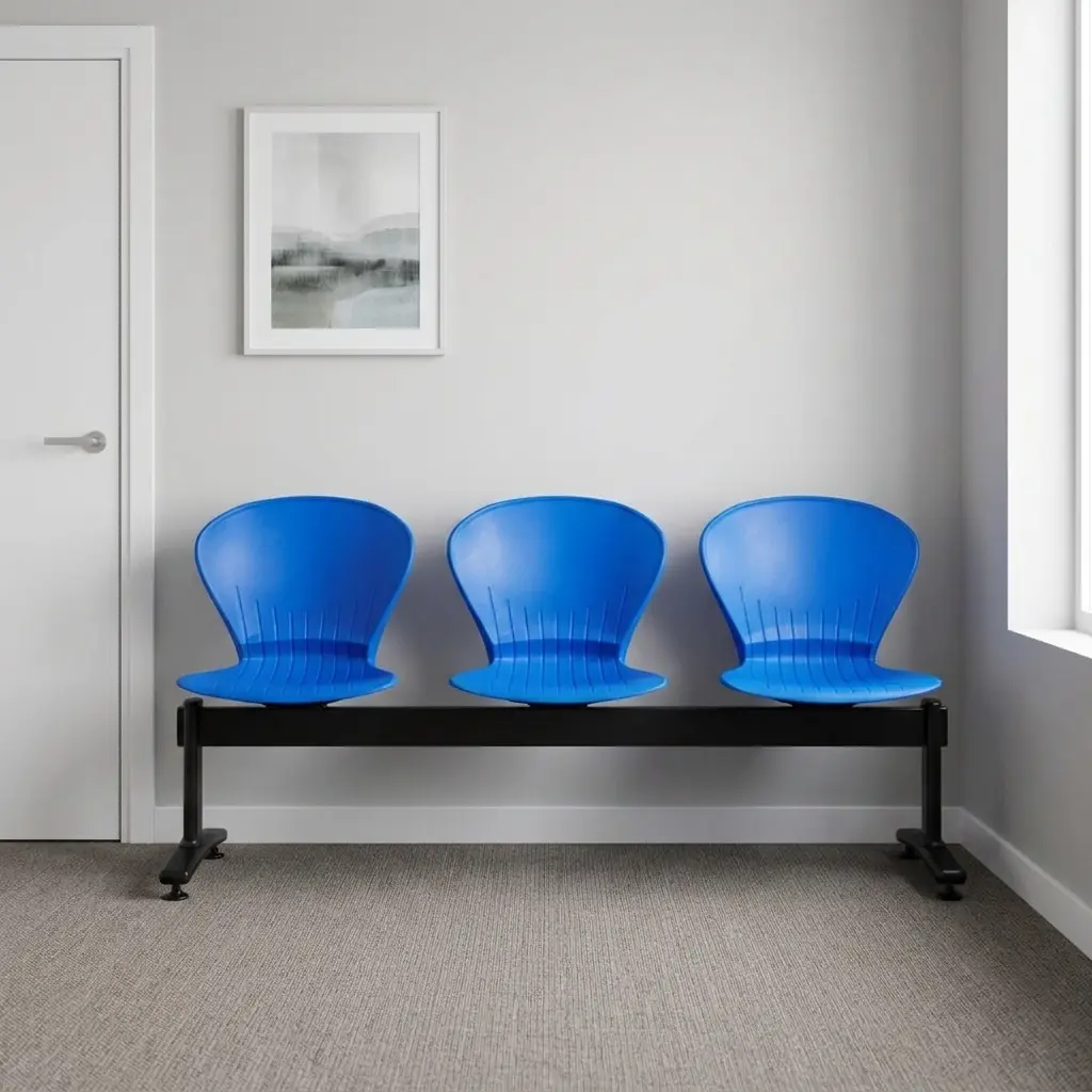 3-seater blue plastic waiting bench featuring three contoured bright blue molded plastic shell seats with subtle vertical line detailing, mounted on a heavy-duty black metal beam frame with sturdy T-leg supports.