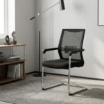 Mesh back office waiting chair featuring a breathable black mesh backrest with built-in adjustable lumbar support, a cushioned black fabric seat, fixed armrests with black arm pads, and a polished chrome tubular metal cantilever sled base.
