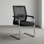Mesh back office waiting chair featuring a breathable black mesh backrest with built-in adjustable lumbar support, a cushioned black fabric seat, fixed armrests with black arm pads, and a polished chrome tubular metal cantilever sled base.