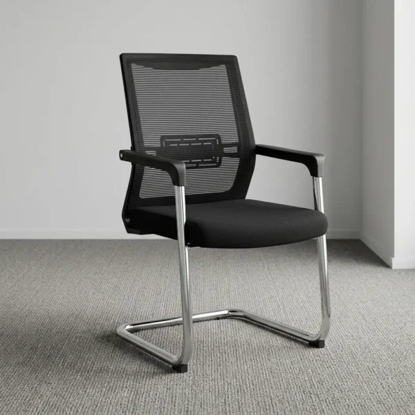 Mesh back office waiting chair featuring a breathable black mesh backrest with built-in adjustable lumbar support, a cushioned black fabric seat, fixed armrests with black arm pads, and a polished chrome tubular metal cantilever sled base.