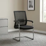 Mesh back office waiting chair featuring a breathable black mesh backrest with built-in adjustable lumbar support, a cushioned black fabric seat, fixed armrests with black arm pads, and a polished chrome tubular metal cantilever sled base.