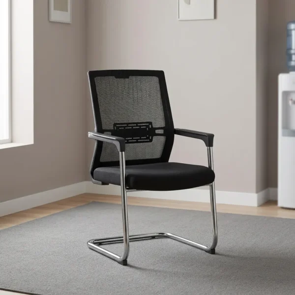 Ergonomic office guest chair featuring a breathable black mesh backrest with integrated lumbar support, a padded black fabric seat, fixed armrests with black pads, and a chrome tubular steel cantilever sled base.