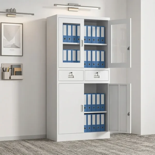 Steel metallic office cabinet featuring a light grey/white powder-coated steel construction, an upper compartment with framed glass swing doors and interior shelving, two lockable middle utility drawers, and a lower compartment with solid steel swing doors for confidential storage.