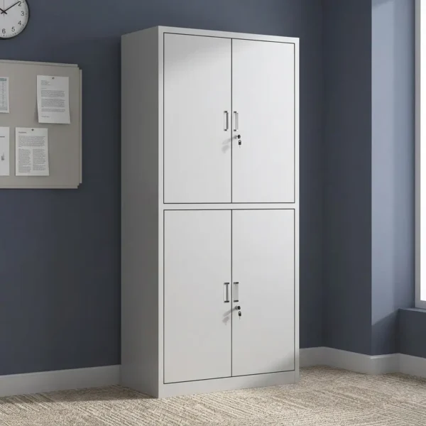 4-door lockable filing cabinet featuring a sleek light grey powder-coated steel frame, dual-tier double swing doors with individual key locks, slim silver vertical handles, and interior shelving for secure document storage.