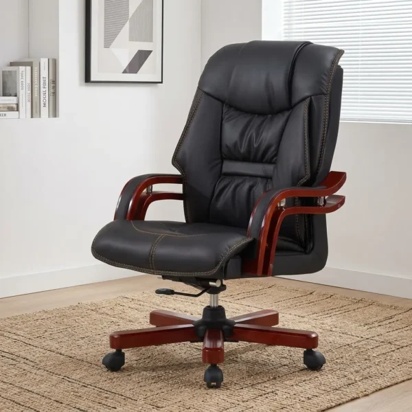 High-back leatherette office chair featuring plush black leatherette upholstery with contrast stitching, segmented back padding, integrated headrest support, curved mahogany-finished wooden armrests with leatherette top pads, tilt/height adjustment controls, and a five-star wooden base capped over a metal frame with dual-wheel casters.