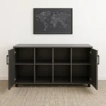 4-door wooden office cupboard featuring a dark charcoal grey wood grain finish, four hinged swing doors with sleek black vertical handles, a low-profile credenza silhouette, internal divided shelving units, and a mobile base equipped with heavy-duty caster wheels.